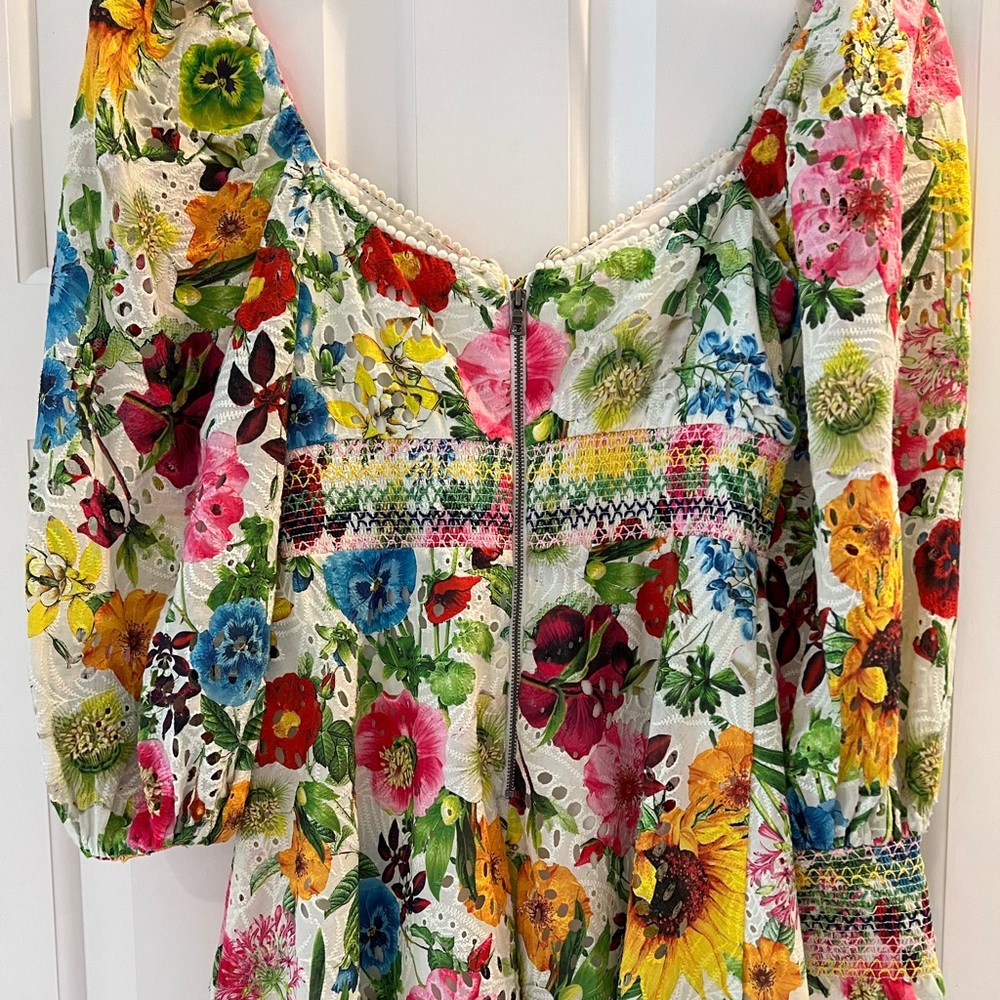 Alice + Olivia Floral Mini Dress in White with Pink, Blue, Yellow & Green - Picture 4 of 6